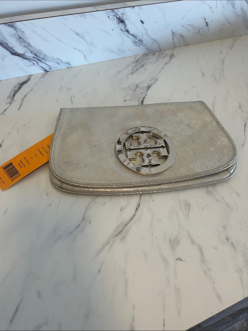 Tory Burch Metallic Silver Logo Wristlet Clutch